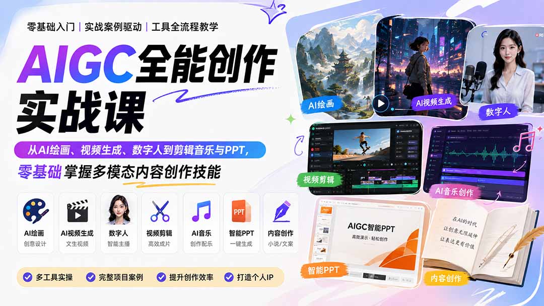 AIGC全能创作实战课:从AI绘画、视频生成、数字人到剪辑音乐与PPT,零基础掌握多模态内容创作技能网络赚钱,项目资源网,副业资源网,兼职项目,网赚课程-副业赚钱-互联网创业-独家轻创IP大圣网创