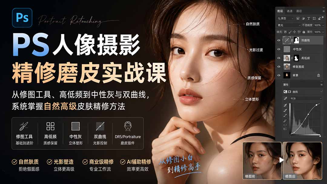 PS人像摄影精修磨皮实战课：从修图工具、高低频到中性灰与双曲线，系统掌握自然高级皮肤精修方法网络赚钱,项目资源网,副业资源网,兼职项目,网赚课程-副业赚钱-互联网创业-独家轻创IP大圣网创