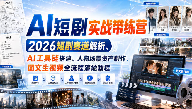 AI短剧实战带练营|2026短剧赛道解析、AI工具链搭建、人物场景资产制作、图文生视频全流程落地教程网络赚钱,项目资源网,副业资源网,兼职项目,网赚课程-副业赚钱-互联网创业-独家轻创IP大圣网创