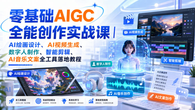零基础AIGC全能创作实战课|AI绘画设计、AI视频生成、数字人制作、智能剪辑、AI音乐文案全工具落地教程网络赚钱,项目资源网,副业资源网,兼职项目,网赚课程-副业赚钱-互联网创业-独家轻创IP大圣网创