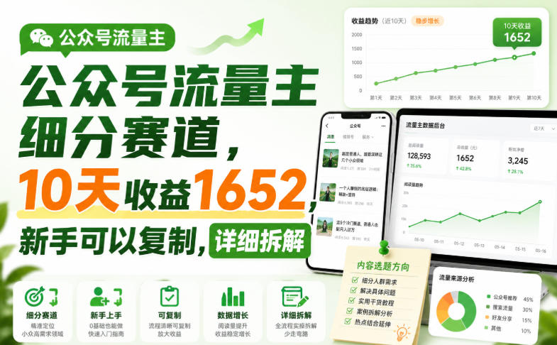 公众号流量主细分赛道，10天收益1652，新手可以复制，详细拆解网络赚钱,项目资源网,副业资源网,兼职项目,网赚课程-副业赚钱-互联网创业-独家轻创IP大圣网创