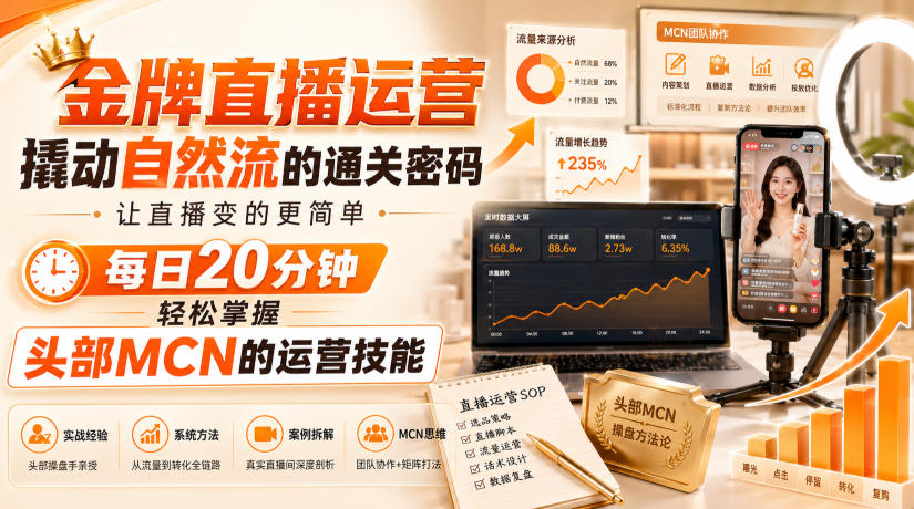 金牌直播运营撬动自然流的通关密码,让直播变的更简单,每日20分钟,轻松掌握头部MCN的运营技能网络赚钱,项目资源网,副业资源网,兼职项目,网赚课程-副业赚钱-互联网创业-独家轻创IP大圣网创