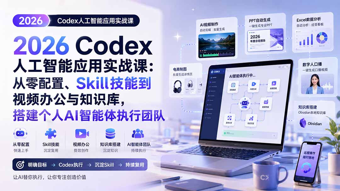 2026 Codex人工智能应用实战课:从零配置、Skill技能到视频办公与知识库,搭建个人AI智能体执行团队网络赚钱,项目资源网,副业资源网,兼职项目,网赚课程-副业赚钱-互联网创业-独家轻创IP大圣网创