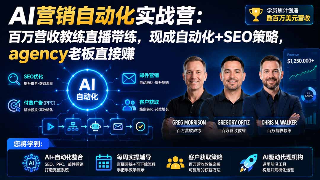 AI营销自动化实战营:百万营收教练直播带练,现成自动化+SEO策略,agency老板直接赚【原创双语字幕】网络赚钱,项目资源网,副业资源网,兼职项目,网赚课程-副业赚钱-互联网创业-独家轻创IP大圣网创