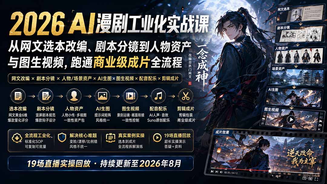 2026 AI漫剧工业化实战课-更新:从网文选本改编、剧本分镜到人物资产与图生视频,跑通商业级成片全流程网络赚钱,项目资源网,副业资源网,兼职项目,网赚课程-副业赚钱-互联网创业-独家轻创IP大圣网创