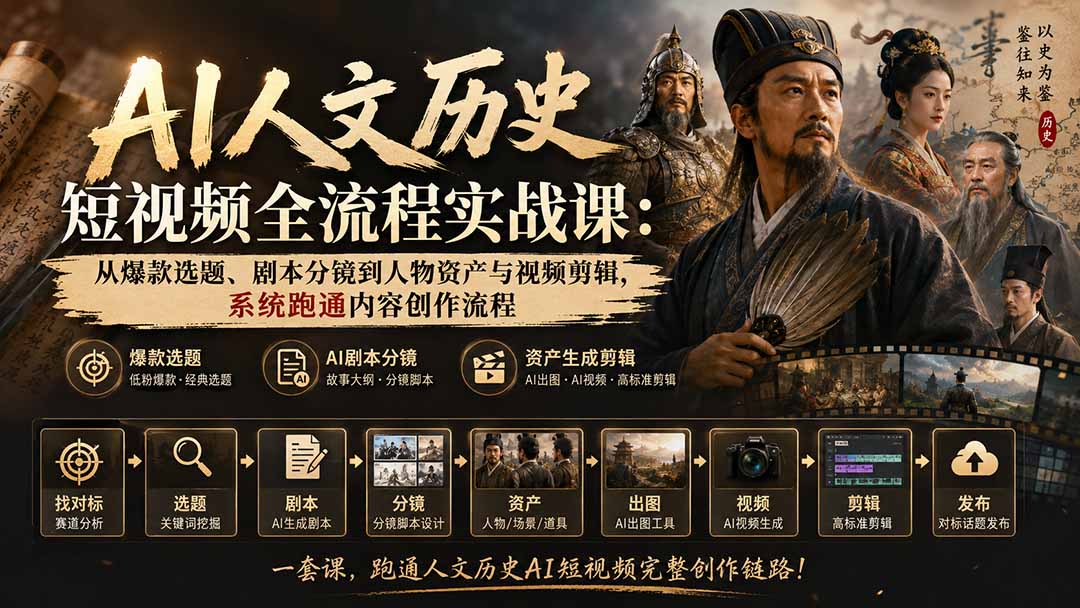 AI人文历史短视频全流程实战课:从爆款选题、剧本分镜到人物资产与视频剪辑,系统跑通内容创作流程网络赚钱,项目资源网,副业资源网,兼职项目,网赚课程-副业赚钱-互联网创业-独家轻创IP大圣网创