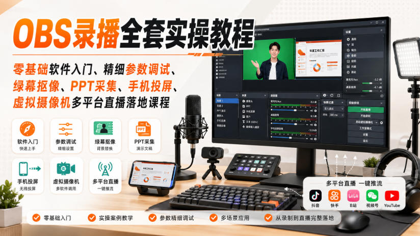 OBS录播全套实操教程｜零基础软件入门、精细参数调试、绿幕抠像、手机投屏、虚拟摄像机多平台直播落地课程网络赚钱,项目资源网,副业资源网,兼职项目,网赚课程-副业赚钱-互联网创业-独家轻创IP大圣网创