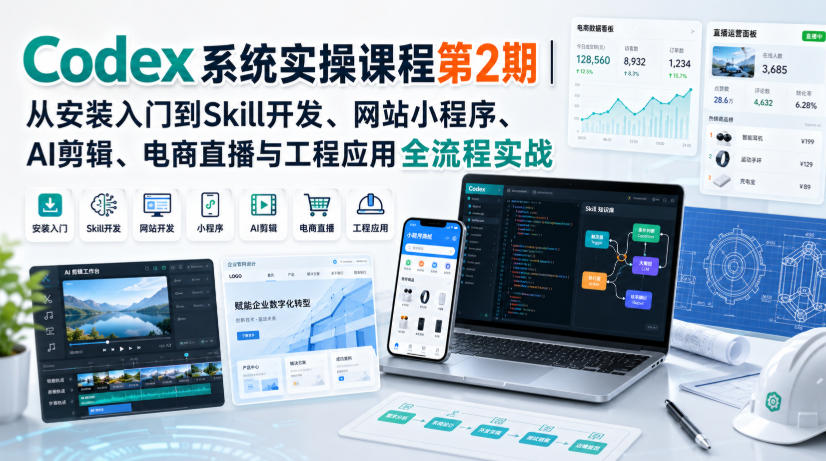Codex系统实操课程第2期|从安装入门到Skill开发、网站小程序、AI剪辑、电商直播与工程应用全流程实战网络赚钱,项目资源网,副业资源网,兼职项目,网赚课程-副业赚钱-互联网创业-独家轻创IP大圣网创