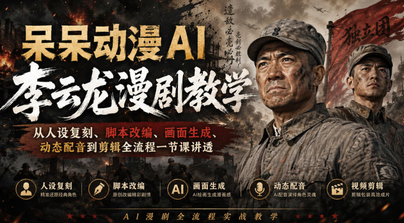 呆呆动漫AI李云龙漫剧教学,从人设复刻、脚本改编、画面生成、动态配音到剪辑全流程一节课讲透网络赚钱,项目资源网,副业资源网,兼职项目,网赚课程-副业赚钱-互联网创业-独家轻创IP大圣网创