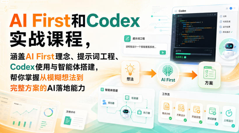AI First和Codex实战课，涵盖AI First理念、提示词工程、Codex使用与智能体搭建，掌握从模糊想法到完整方案的AI落地能力网络赚钱,项目资源网,副业资源网,兼职项目,网赚课程-副业赚钱-互联网创业-独家轻创IP大圣网创
