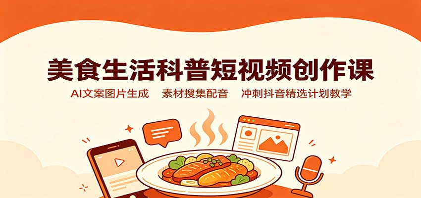 美食生活科普短视频创作课:AI文案图片生成,素材搜集配音,冲刺抖音精选计划教学网络赚钱,项目资源网,副业资源网,兼职项目,网赚课程-副业赚钱-互联网创业-独家轻创IP大圣网创