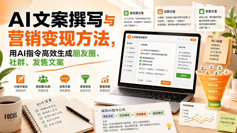 AI文案撰写与营销变现方法，用AI指令高效生成朋友圈、社群、发售文案网络赚钱,项目资源网,副业资源网,兼职项目,网赚课程-副业赚钱-互联网创业-独家轻创IP大圣网创