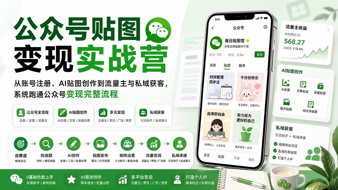 公众号贴图变现实战营：从账号注册、AI贴图创作到流量主与私域获客，系统跑通公众号变现完整流程网络赚钱,项目资源网,副业资源网,兼职项目,网赚课程-副业赚钱-互联网创业-独家轻创IP大圣网创