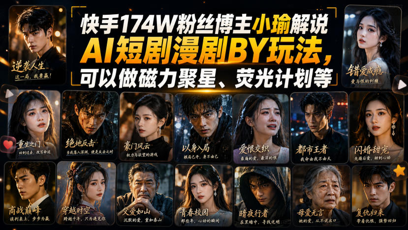快手174W粉丝博主小瑜解说AI短剧漫剧搬运玩法，可以做磁力聚星、荧光计划等网络赚钱,项目资源网,副业资源网,兼职项目,网赚课程-副业赚钱-互联网创业-独家轻创IP大圣网创