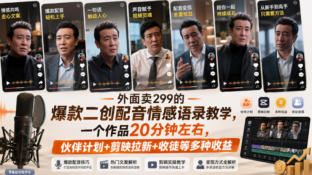 外面卖299的爆款二创配音情感语录教学,一个作品20分钟左右,伙伴计划+剪映拉新+收徒等多种收益网络赚钱,项目资源网,副业资源网,兼职项目,网赚课程-副业赚钱-互联网创业-独家轻创IP大圣网创