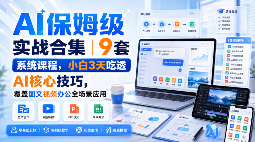 AI保姆级实战合集|9套系统课程,小白3天吃透AI核心技巧,覆盖图文视频办公全场景应用网络赚钱,项目资源网,副业资源网,兼职项目,网赚课程-副业赚钱-互联网创业-独家轻创IP大圣网创