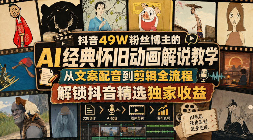 抖音49W粉丝博主的AI经典怀旧动画解说教学，从文案配音到剪辑全流程，解锁抖音精选独家收益网络赚钱,项目资源网,副业资源网,兼职项目,网赚课程-副业赚钱-互联网创业-独家轻创IP大圣网创