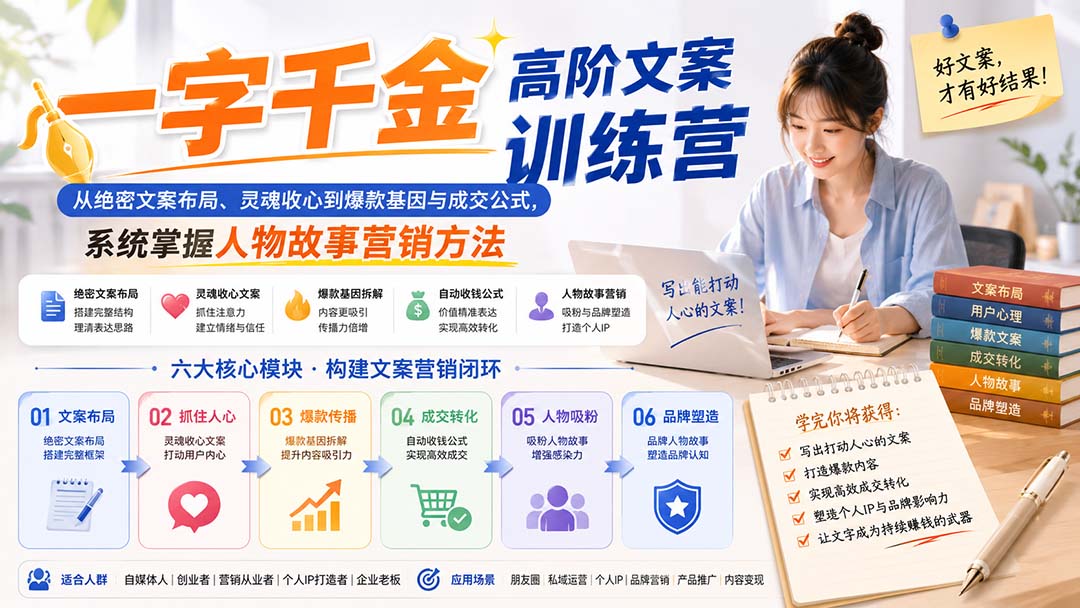 一字千金高阶文案训练营:从绝密文案布局、灵魂收心到爆款基因与成交公式,系统掌握人物故事营销方法网络赚钱,项目资源网,副业资源网,兼职项目,网赚课程-副业赚钱-互联网创业-独家轻创IP大圣网创