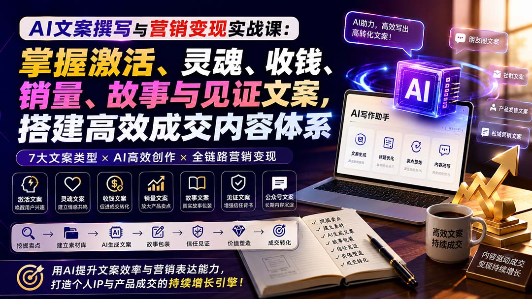 AI文案撰写与营销变现实战课:掌握激活、灵魂、收钱、销量、故事与见证文案,搭建高效成交内容体系网络赚钱,项目资源网,副业资源网,兼职项目,网赚课程-副业赚钱-互联网创业-独家轻创IP大圣网创