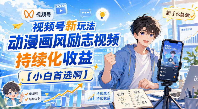 视频号新玩法动漫画风励志视频，持续化收益【小白首选啊】网络赚钱,项目资源网,副业资源网,兼职项目,网赚课程-副业赚钱-互联网创业-独家轻创IP大圣网创