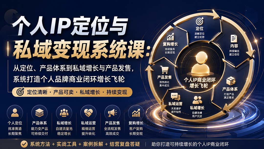 个人IP定位与私域变现系统课:从定位、产品体系到私域增长与产品发售,系统打造个人品牌商业闭环增长飞轮网络赚钱,项目资源网,副业资源网,兼职项目,网赚课程-副业赚钱-互联网创业-独家轻创IP大圣网创