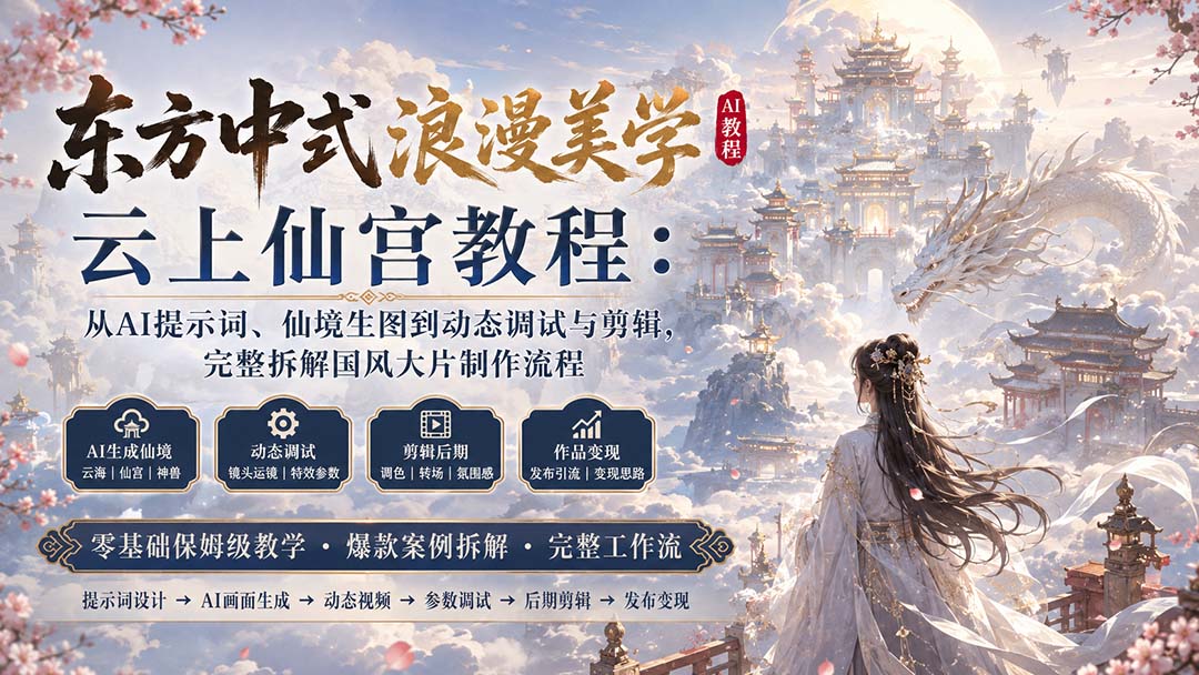 东方中式浪漫美学云上仙宫教程:从AI提示词、仙境生图到动态调试与剪辑,完整拆解国风大片制作流程网络赚钱,项目资源网,副业资源网,兼职项目,网赚课程-副业赚钱-互联网创业-独家轻创IP大圣网创