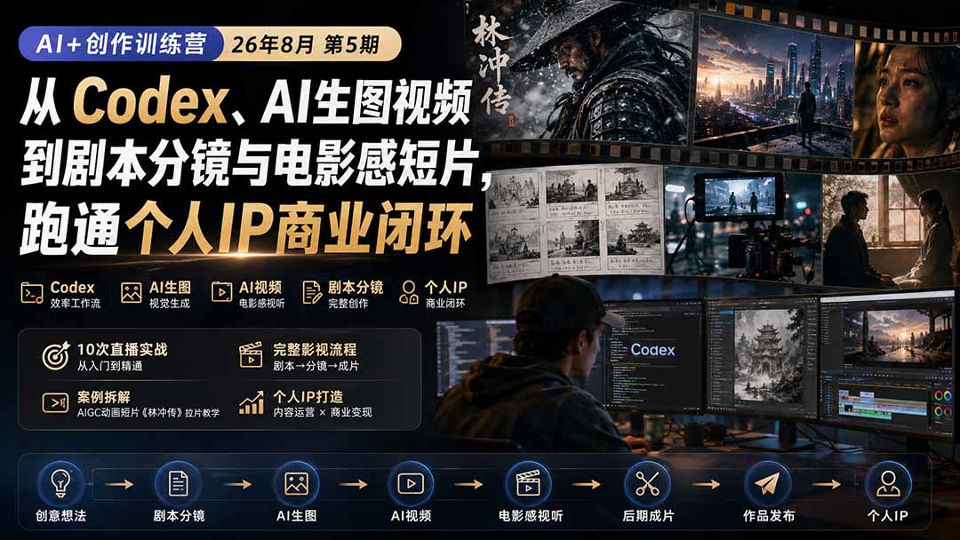 AI+创作训练营26年8月第5期:从Codex、AI生图视频到剧本分镜与电影感短片,跑通个人IP商业闭环网络赚钱,项目资源网,副业资源网,兼职项目,网赚课程-副业赚钱-互联网创业-独家轻创IP大圣网创