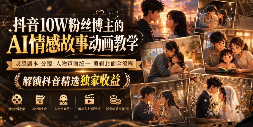 抖音10W粉丝博主的AI情感故事动画教学,灵感剧本‑分镜‑人物声画统一‑剪辑封面全流程,解锁抖音精选独家收益网络赚钱,项目资源网,副业资源网,兼职项目,网赚课程-副业赚钱-互联网创业-独家轻创IP大圣网创