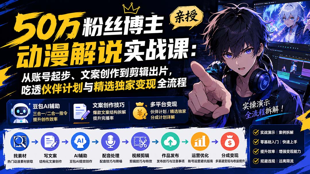 50万粉丝博主亲授动漫解说实战课:从账号起步、文案创作到剪辑出片,吃透伙伴计划与精选独家变现全流程网络赚钱,项目资源网,副业资源网,兼职项目,网赚课程-副业赚钱-互联网创业-独家轻创IP大圣网创