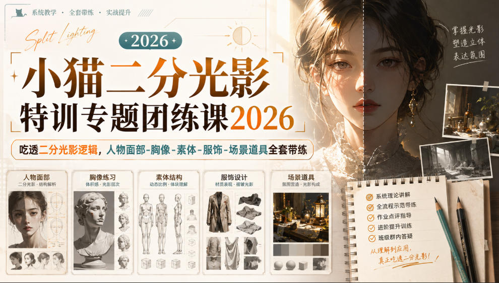 小猫二分光影特训专题团练课2026|吃透二分光影逻辑,人物面部‑胸像‑素体‑服饰‑场景道具全套带练,高清画质附赠课件与笔刷网络赚钱,项目资源网,副业资源网,兼职项目,网赚课程-副业赚钱-互联网创业-独家轻创IP大圣网创