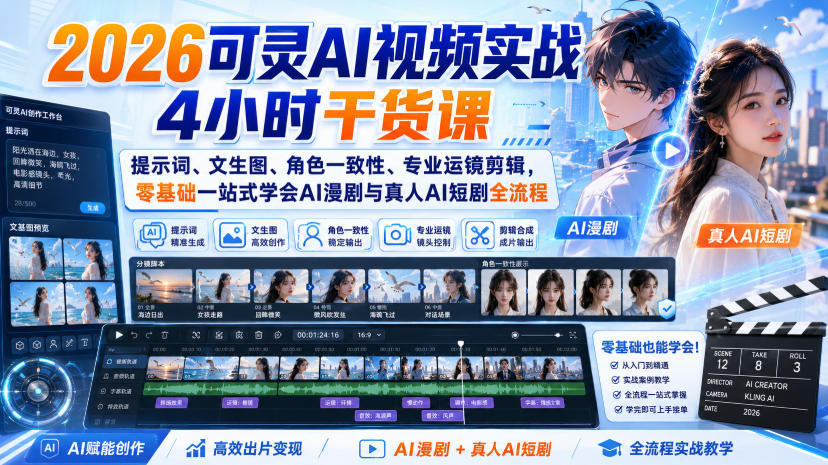 2026可灵AI视频实战4小时干货课|提示词、文生图、角色一致性、专业运镜剪辑,零基础一站式学会AI漫剧与真人AI短剧全流程网络赚钱,项目资源网,副业资源网,兼职项目,网赚课程-副业赚钱-互联网创业-独家轻创IP大圣网创