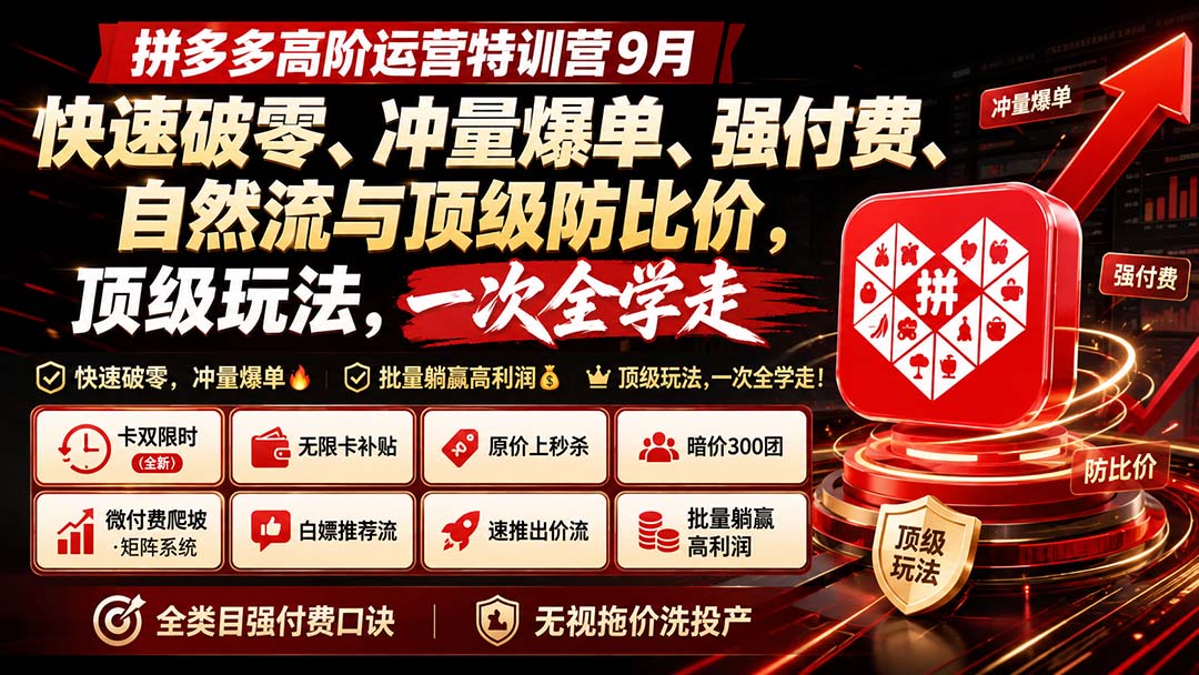拼多多高阶运营特训营9月:快速破零、冲量爆单、强付费、自然流与顶级防比价, 顶级玩法,一次全学走网络赚钱,项目资源网,副业资源网,兼职项目,网赚课程-副业赚钱-互联网创业-独家轻创IP大圣网创
