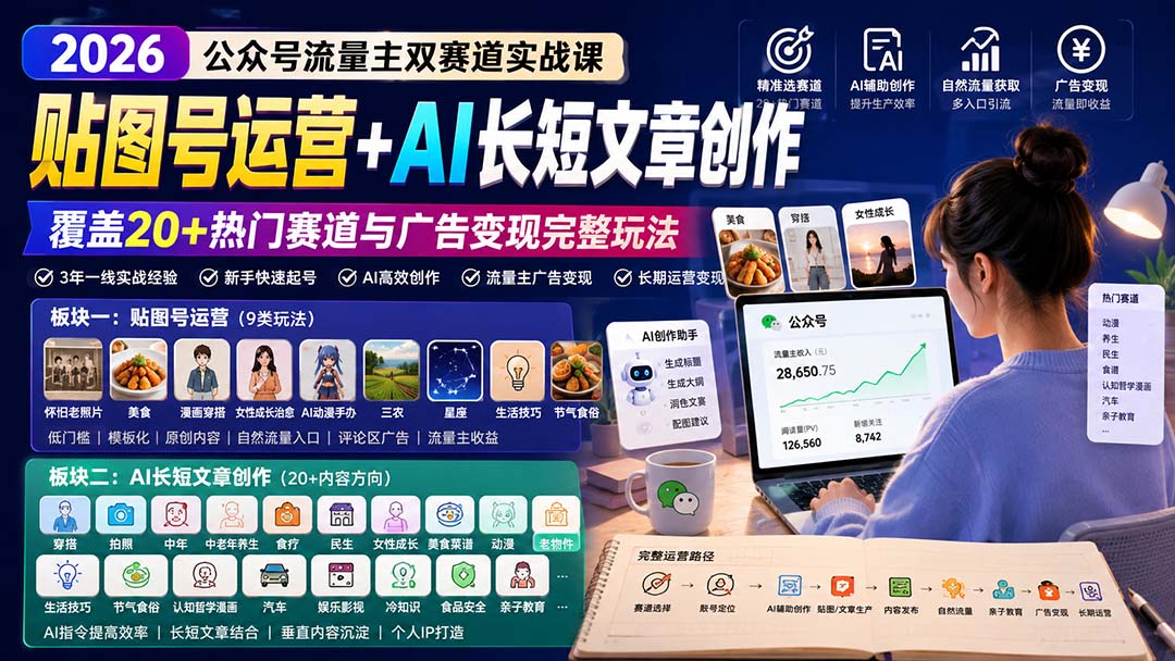 公众号流量主双赛道实战课:贴图号运营+AI长短文章创作,覆盖20+热门赛道与广告变现完整玩法网络赚钱,项目资源网,副业资源网,兼职项目,网赚课程-副业赚钱-互联网创业-独家轻创IP大圣网创
