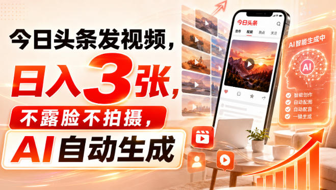 今日头条发视频，日入3张，不露脸不拍摄，AI自动生成网络赚钱,项目资源网,副业资源网,兼职项目,网赚课程-副业赚钱-互联网创业-独家轻创IP大圣网创