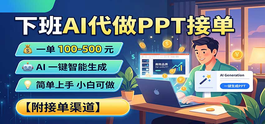 下班AI代做PPT接单,一单100-500,AI一键生成,小白也能做,附接单渠道网络赚钱,项目资源网,副业资源网,兼职项目,网赚课程-副业赚钱-互联网创业-独家轻创IP大圣网创