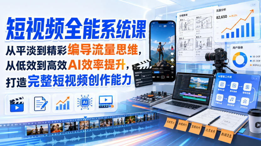 短视频全能系统课，从平淡到精彩编导流量思维，从低效到高效AI效率提升，打造完整短视频创作能力(2026年8月30更新233集)网络赚钱,项目资源网,副业资源网,兼职项目,网赚课程-副业赚钱-互联网创业-独家轻创IP大圣网创
