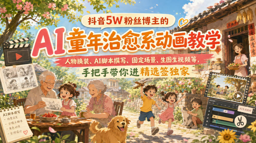 抖音5W粉丝博主的AI童年治愈系动画教学,人物换装、AI脚本撰写、固定场景、生图生视频等,手把手带你进精选签独家网络赚钱,项目资源网,副业资源网,兼职项目,网赚课程-副业赚钱-互联网创业-独家轻创IP大圣网创