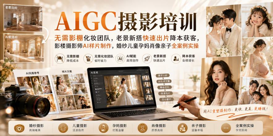 AIGC摄影培训|无需影棚化妆团队,老景新搭快速出片降本获客,影楼摄影师AI样片制作,婚纱儿童孕妈肖像亲子全案例实操网络赚钱,项目资源网,副业资源网,兼职项目,网赚课程-副业赚钱-互联网创业-独家轻创IP大圣网创