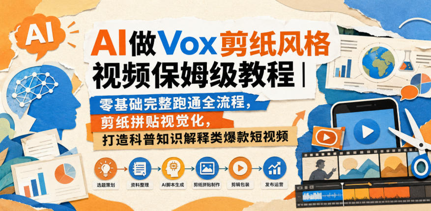 AI做Vox剪纸风格视频保姆级教程|零基础完整跑通全流程,剪纸拼贴视觉化,打造科普知识解释类爆款短视频网络赚钱,项目资源网,副业资源网,兼职项目,网赚课程-副业赚钱-互联网创业-独家轻创IP大圣网创