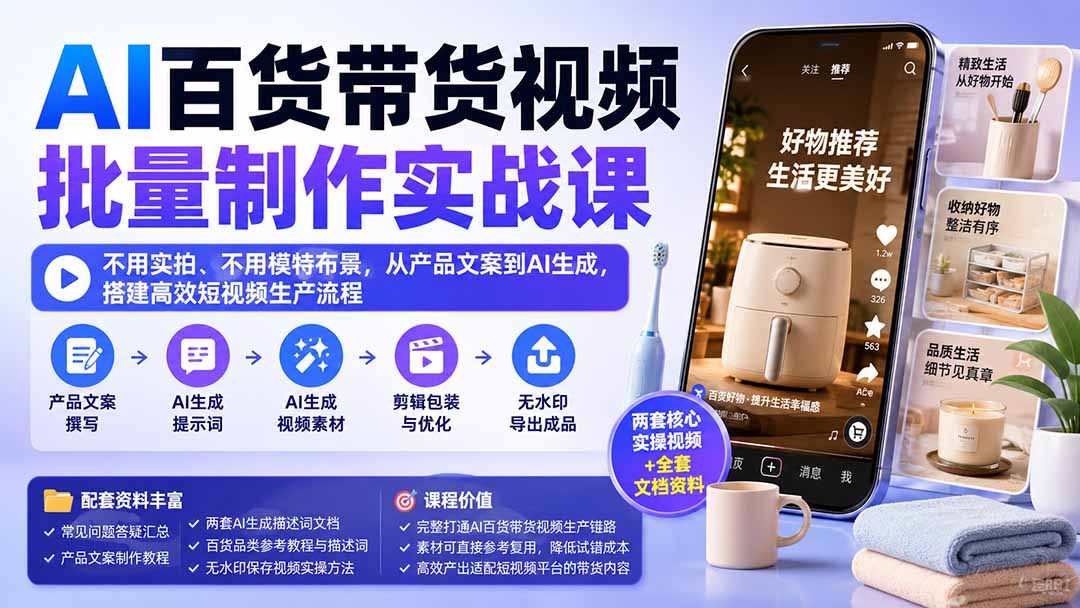 AI百货带货视频批量制作实战课：不用实拍、不用模特布景，从产品文案到AI生成，搭建高效短视频生产流程网络赚钱,项目资源网,副业资源网,兼职项目,网赚课程-副业赚钱-互联网创业-独家轻创IP大圣网创