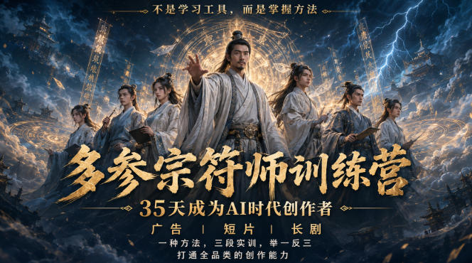 多参宗符师训练营，35天成为AI时代创作者，广告|短片|长剧，一种方法，三段实训，举一反三，打通全品类的创作能力网络赚钱,项目资源网,副业资源网,兼职项目,网赚课程-副业赚钱-互联网创业-独家轻创IP大圣网创