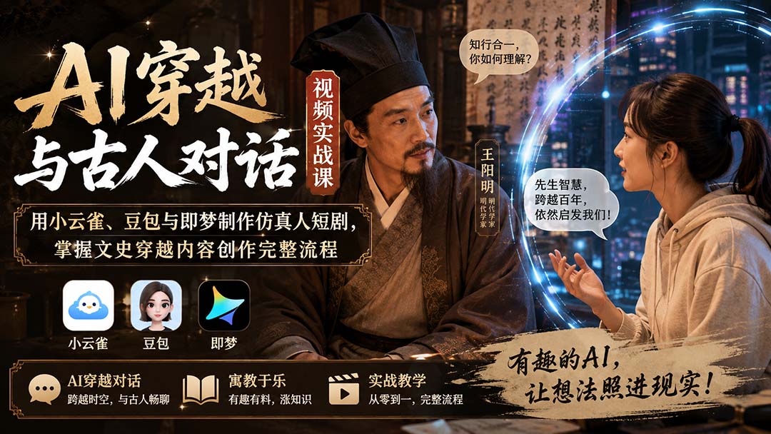 AI穿越与古人对话视频实战课：用小云雀、豆包与即梦制作仿真人短剧，掌握文史穿越内容创作完整流程网络赚钱,项目资源网,副业资源网,兼职项目,网赚课程-副业赚钱-互联网创业-独家轻创IP大圣网创