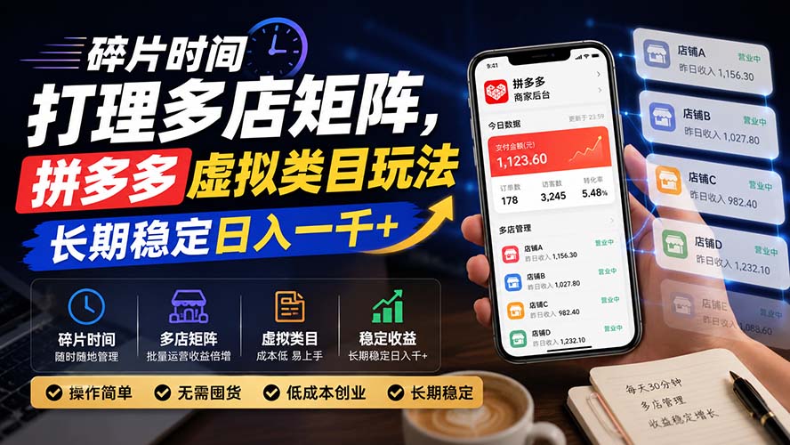 碎片时间打理多店矩阵，拼多多虚拟类目玩法，长期稳定日入一千+网络赚钱,项目资源网,副业资源网,兼职项目,网赚课程-副业赚钱-互联网创业-独家轻创IP大圣网创