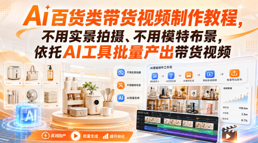 Ai百货类带货视频制作教程，不用实景拍摄、不用模特布景，依托AI工具批量产出带货视频网络赚钱,项目资源网,副业资源网,兼职项目,网赚课程-副业赚钱-互联网创业-独家轻创IP大圣网创