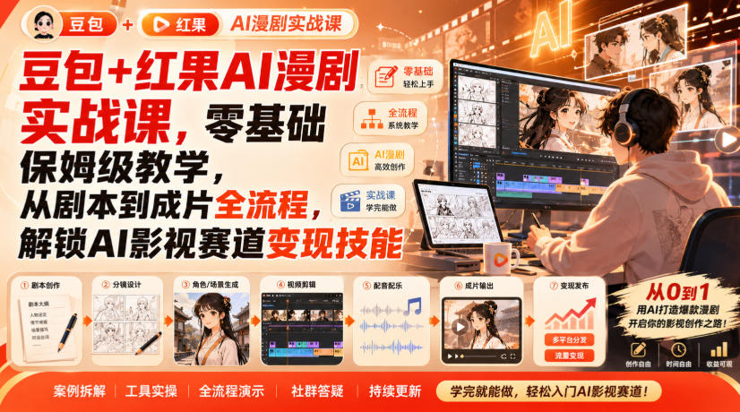 豆包+红果AI漫剧实战课，零基础保姆级教学，从剧本到成片全流程，解锁AI影视赛道变现技能网络赚钱,项目资源网,副业资源网,兼职项目,网赚课程-副业赚钱-互联网创业-独家轻创IP大圣网创