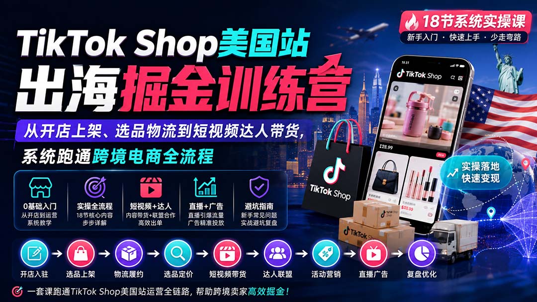 TikTok Shop美国站出海掘金训练营：从开店上架、选品物流到短视频达人带货，系统跑通跨境电商全流程网络赚钱,项目资源网,副业资源网,兼职项目,网赚课程-副业赚钱-互联网创业-独家轻创IP大圣网创