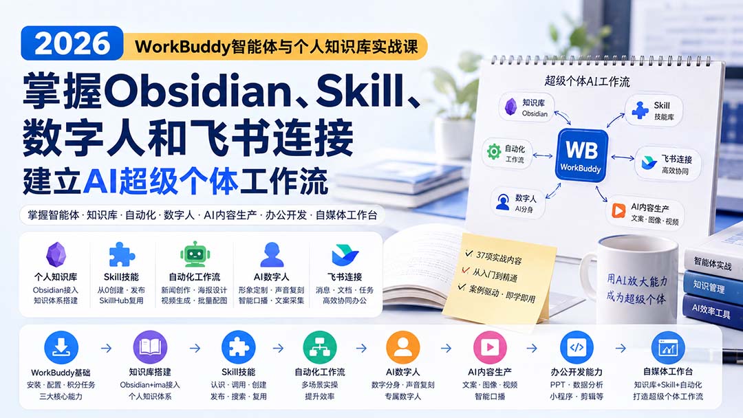 2026 WorkBuddy智能体与个人知识库实战课：掌握Obsidian、Skill、数字人和飞书连接，建立AI超级个体工作流网络赚钱,项目资源网,副业资源网,兼职项目,网赚课程-副业赚钱-互联网创业-独家轻创IP大圣网创