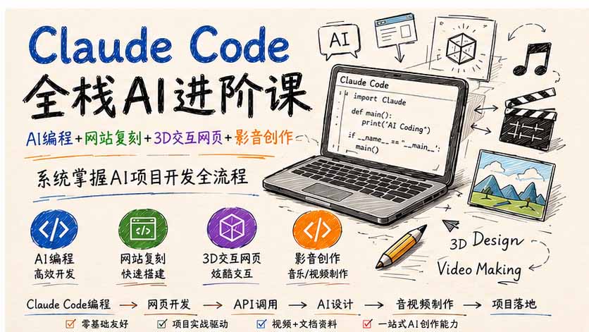 Claude Code全栈AI进阶课-更新；AI编程+网站复刻+3D交互网页+影音创作，系统掌握AI项目开发全流程网络赚钱,项目资源网,副业资源网,兼职项目,网赚课程-副业赚钱-互联网创业-独家轻创IP大圣网创