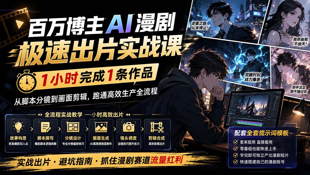 百万博主AI漫剧极速出片实战课：1小时产出条作品，从脚本分镜到画面剪辑，跑通高效生产全流程网络赚钱,项目资源网,副业资源网,兼职项目,网赚课程-副业赚钱-互联网创业-独家轻创IP大圣网创