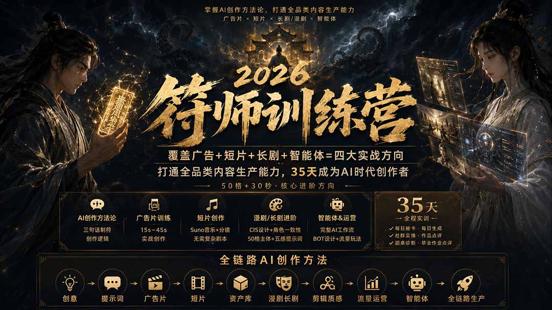 符师训练营-35天成为AI时代创作者，广告+短片+漫剧+智能体四大实战方向，掌握从创意到上线的完整工作流网络赚钱,项目资源网,副业资源网,兼职项目,网赚课程-副业赚钱-互联网创业-独家轻创IP大圣网创